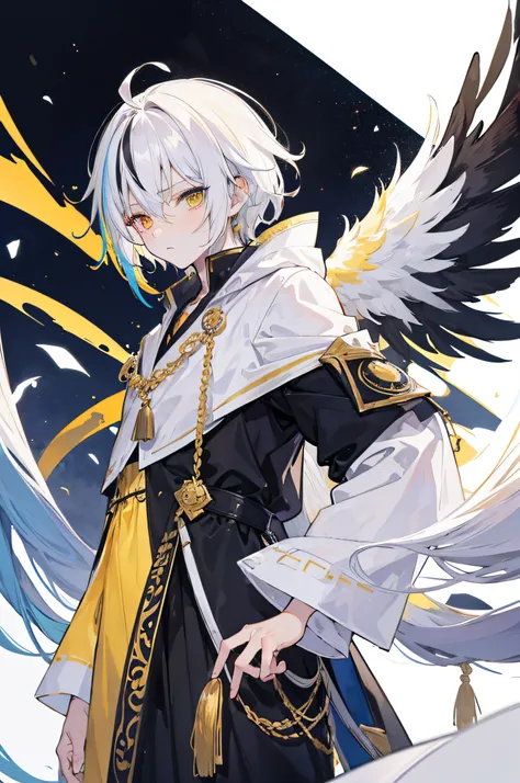 Male, Boy, black eyes, Pair of wings, angelic, one black, one white, Age 17, streaked hair, multicolored hair, blonde hair, black hair, ahoge, heterochromia, yellow eyes, hair tie, shy, embarrassed, anime, Mannerism, anime style, foreshortening, masterpiec...