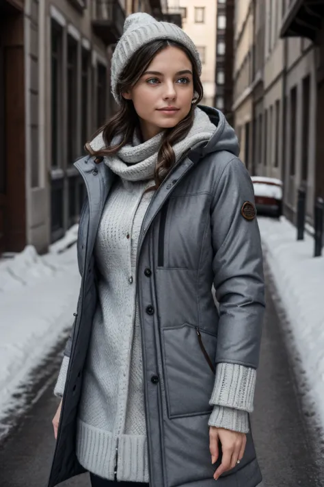 8k, highest quality, ultra details, Amelia, European-American beauty, woman, winter fashion, wrapped in cozy layers, exuding warmth and elegance.