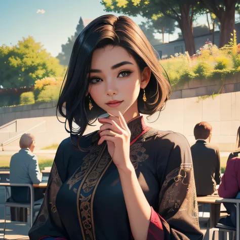 (Extremely detailed 8k wallpaper:2), (photo:2), (22 years old soigne Beautiful girl:2), (gives a lecture to friends:2), detailed (Face and eyes), (hyper realistic:1), (highly detailed:1), (epic realistic:1), rim light, (maximum details:1), cozy, (fullbody:...