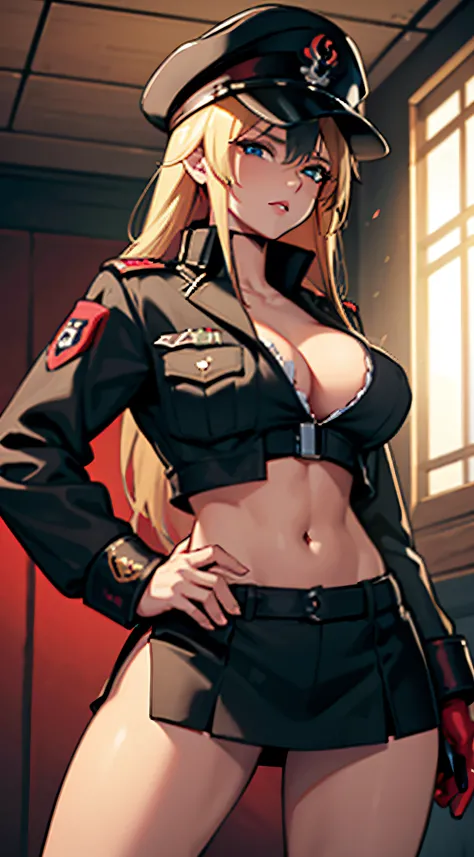 (((独奏)))、((Neo-))、(Schutzstaffel)、( hat)、8K、female soldier、Female soldiers、Near future、cyberpunked、Red and black combat uniform、cleavage of the breast、Navel Ejection、a miniskirt、Crouch and aim with a rifle、Beautiful butt、blond woman in a、Blue eyes、red-lips...