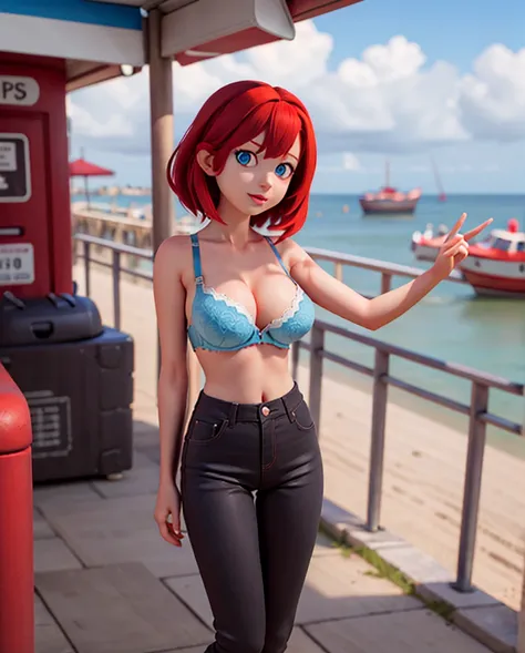 Girl in bra with blue eyes and red hair at the seaside