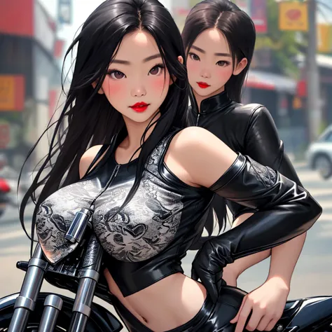 A Thai girl with a beautiful face, a good figure, red lips, long flowing black hair, wearing a tight leather outfit that reveals her breasts. Saw a lace-patterned shirt. Hunched on a motorcycle Realistic Thaistyle