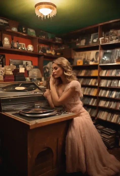 A photo of a cozy corner in a vintage record store filled with vinyl records.,original,Wearing beautiful clothes and having a nice body