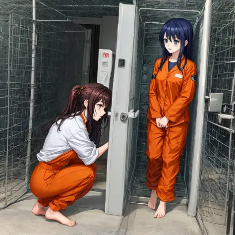 anime beautiful female prisoner wearing orange prison uniform，orange prison pants，barefoot，female prisoner in cell。