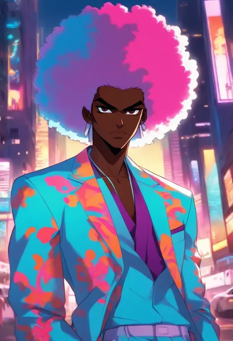 darkskin african male with large afro, 70s city aesthetic, miami vice costume (all white casual suit, black shirt, and white shoes), 70s anime aesthetic