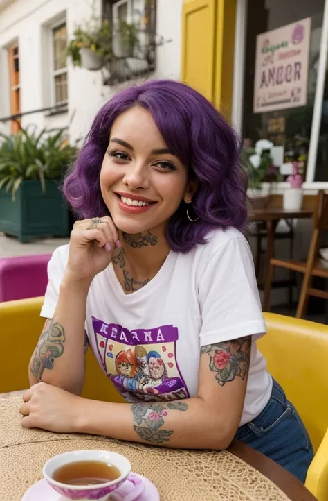 (highres,best quality:1.2),realistic,ultra-detailed,portrait,street photography,smiling,adrican woman,purple hair,cute t-shirt,tattoos,modern living room,relaxed atmosphere,harmonious colors,soft lighting,cozy,tea table,modern decor,vintage art,pop art aes...