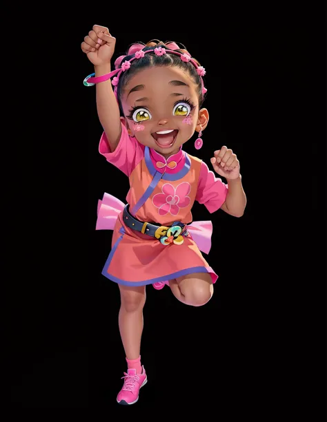 cartoon girl in a pink dress with a black belt and a pink purse, animation character, childrens art in artstation, dancing character, super cute funky black girl, african american girl, character posing, light skinned african young girl, cute character, di...