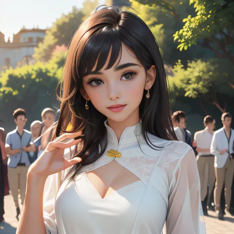 (Extremely detailed 8k wallpaper:2), (photo:2), (26 years old soigne Beautiful girl:2), (gives a lecture to friends:2), detailed (Face and eyes), (hyper realistic:1), (highly detailed:1), (epic realistic:1), rim light, (maximum details:1), cozy, (fullbody:...