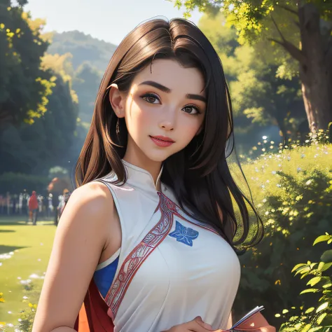 (Extremely detailed 8k wallpaper:2), (photo:2), (26 years old soigne Beautiful girl:2), (gives a lecture to friends:2), detailed (Face and eyes), (hyper realistic:1), (highly detailed:1), (epic realistic:1), rim light, (maximum details:1), cozy, (fullbody:...