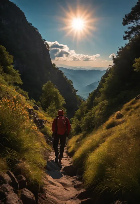 A photo of our hero leading a group of hikers up a mountain trail, with the sun rising in the background,Naruto Shippuden,Naruto