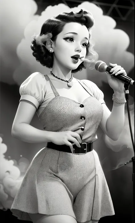 ((A charming girl)) from the 1940s, dressed in a vintage jazz era outfit, performing on stage as a jazz vocalist -> |(Dynamic performance, classic microphone, smoke in the background).