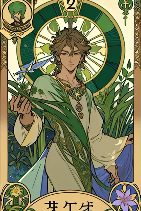 tmasterpiece、topquality、Alphonse Mucha、Jugendstil、
 (Tarot card style:1.3)、Unique Tarot Card Structure, including floral and green elements、Upper torso、looking at the viewers、
In the middle of a green garden、The Mysterious Girl 、Dance with Unearthly Creatu...