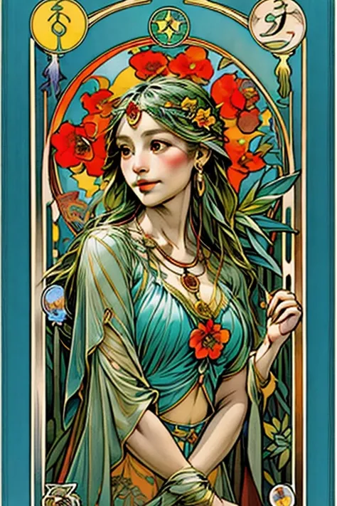 Turquoise, orange, red, yellow, brown ,tmasterpiece、topquality、Alphonse Mucha、Jugendstil、
 (Tarot card style:1.3)、Unique Tarot Card Structure, including floral and green elements、Upper torso、looking at the viewers、
In the middle of a green garden、The Myste...