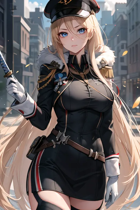 masterpiece, best quality, highres,  long hair, 1girl, solo,  bismarck, a woman wearing black bmr_uniform holding a sword, medal...