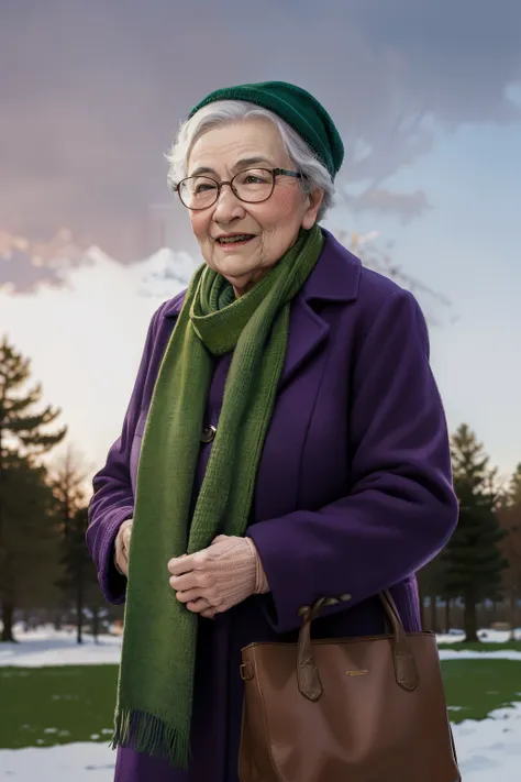 masterpiece, best quality, an old woman with glasses and a scarf on, wearing a purple coat and green scarf, standing at the park