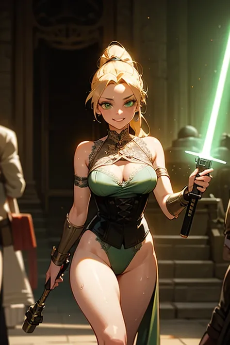 a beautiful jedi woman wearing a lace corset dress in a jedi temple, lace leotard holding a lightsaber in one hand, confident grin, green eyes, blonde hair, long hair, ponytail, black bracers, walking through jedi temple halls, sweaty body