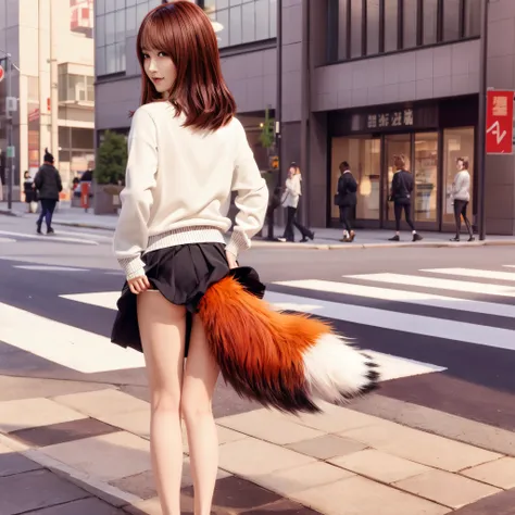 A woman looking back while crossing the road holding a fox tail, Fox tail, Furry tail, fluffy tail, , thick fluffy tail, , long elegant tail behind, female furry mini cute style, foxgirl, tail, furries wearing tails, , tailed, pov furry art, a picture, top...