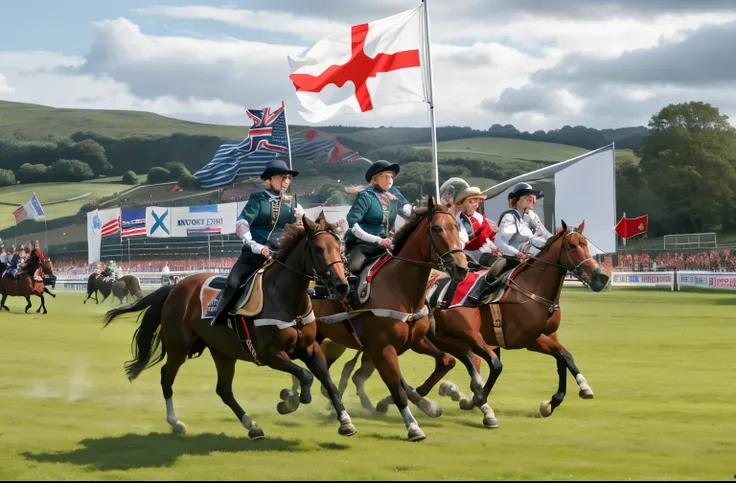 horses running in a race with a flag flying in the background, cavalry charge, 👰 🏇 ❌ 🍃, by Helen Stevenson, wales, by Sylvia Wishart, cavalry, by Alison Debenham, by Helen Biggar, looking towards camera, straight, by Edward Corbett, celebrating, heavy cava...