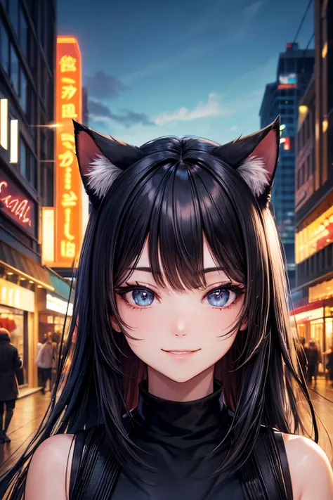 Top quality, high resolution, perfect human structure, background focus, front view, glowing hair, cat ears, black hair, long, city, shopping, smiling, gradient eyes, swept bangs,