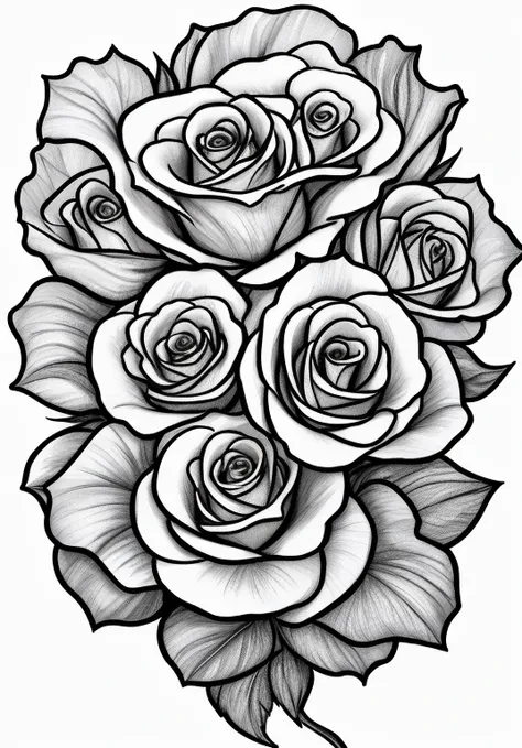 a drawing of a bunch of roses with leaves, black and white vector art, drawn with photoshop, roses, decorative roses, black and white artwork, detailed flowers, translucent roses ornate, ink artwork, high quality sketch art, a few roses, clean detailed art...