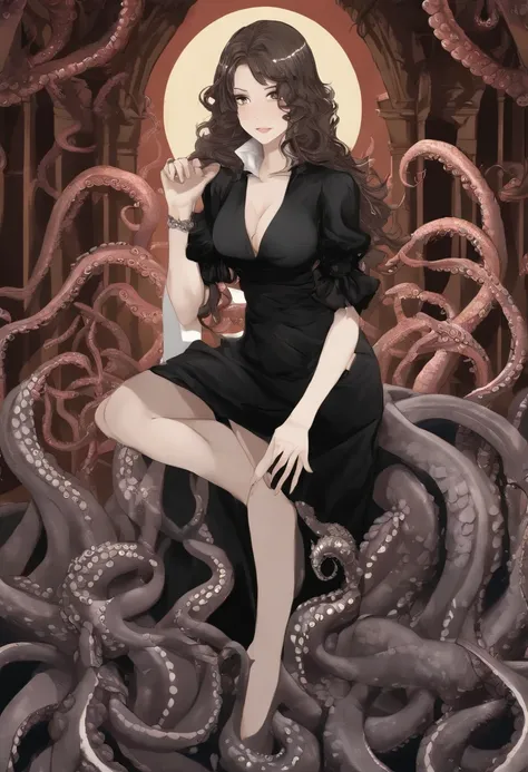 Highly detailed, High Quality, Masterpiece, beautiful, (1girl:1.5), solo, anime - style full body illustration of a woman in black long dress, deviantart, (tightly wrapped in tentacles:1.4), (squeezed:1.4), fubuki from one punch man, fine details, anime, t...