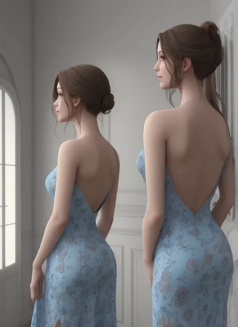 Realistic. A girl wearing a long backless floral blue dress in her side view showing her beautiful butt and body inside a house. 3D