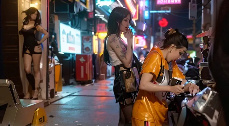 highly detailed RAW color Photo of two women standing on the sidewalk talking on their cell phones, in style of kar wai wong, prostitutes, 8 0 s asian neon movie still, uhd candid photo of dirty, still from a music video, screenshot from a movie, a still o...