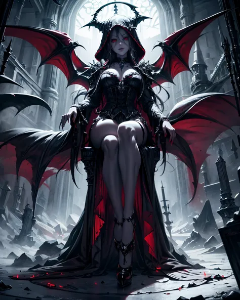 (best quality), (masterpiece), (high resolution), [:intricate details:], (detailed background) a hooded sex vampire woman sittin...