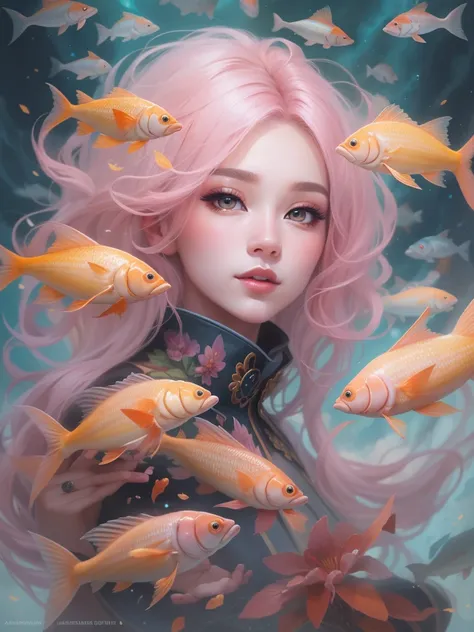 （tmasterpiece，Official artistic aesthetics）。an oil painting，Fantasyart，sky picture above, （cloud goddess：1.37, eyes with brightness，with pink hair，Delicatemakeup，Glowing skin，Harnes，gossamer，Schools of fish surround her：1.37），，Guviz-style artwork, fantasy ...