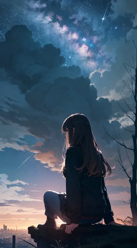 octans, sky, star (sky), scenery, starry sky, night, 1girl, night sky, solo, outdoors, building, cloud, milky way, sitting, tree, long hair, city, silhouette, cityscape