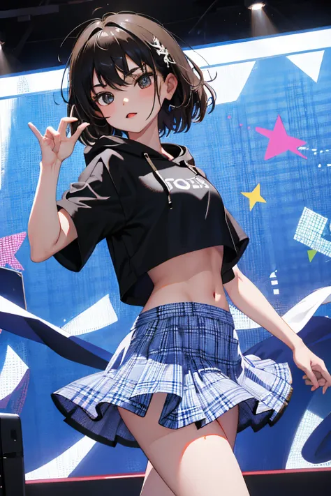 Dancing，(child)，（​masterpiece，Highest Quality），Crop Top Look，Short sleeve hoodie，(Gingham check miniskirt)，A dark-haired，hall