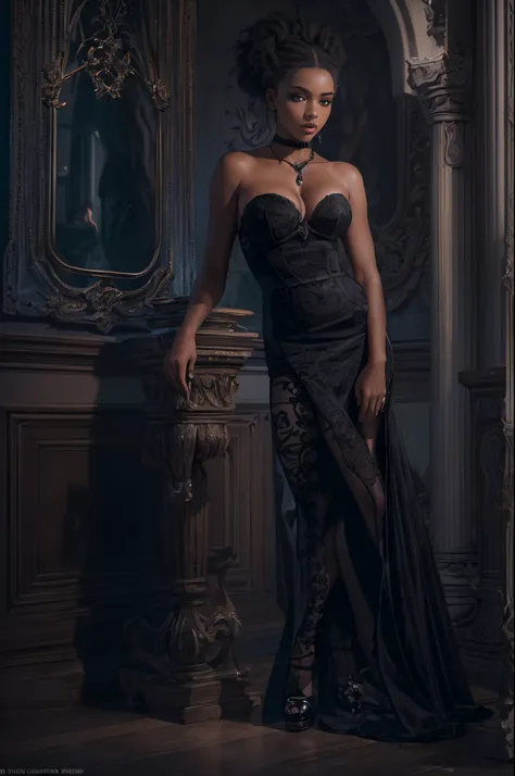 (best quality, 4k, 8k, highres, masterpiece:1.2), ultra-detailed, (realistic,photorealistic,photo-realistic:1.37), gorgeous light skin black woman, seductive gaze, elegant posture, gothic background, sensual beauty, glamorous fashion, black gothic gown, pa...