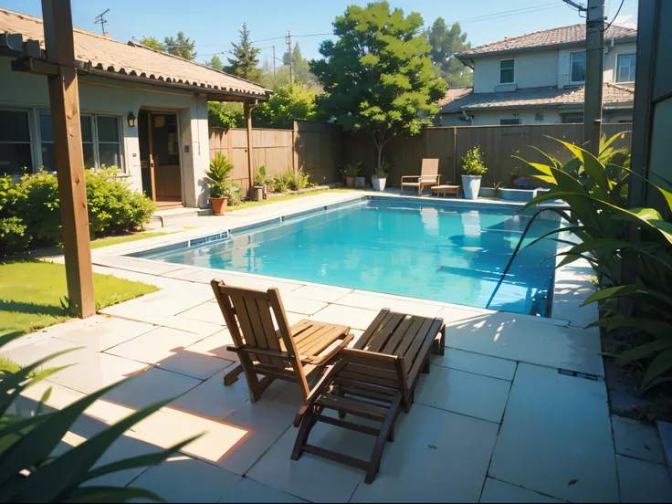 masterpiece, sunny day, back yard, pool, deck chairs, plants, trees, hedges, suburban, houses in the background, soft colors