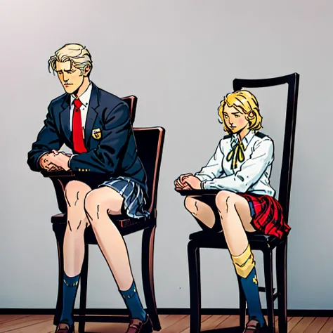 A high school girl sitting on a chair, Gray but yellow hair, A round face with a slightly pointed chin, The direction of the character&#39;s face, gaze, and body should be facing straight ahead., Both hands are placed politely on the knees, Hair length is ...