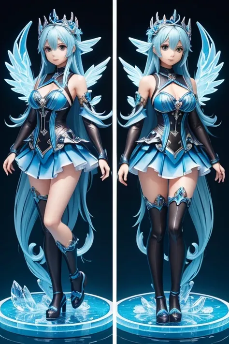 (Same character, front, side, back), (full body); 3d; 3d toy art; toy art; anime style; water element goddess