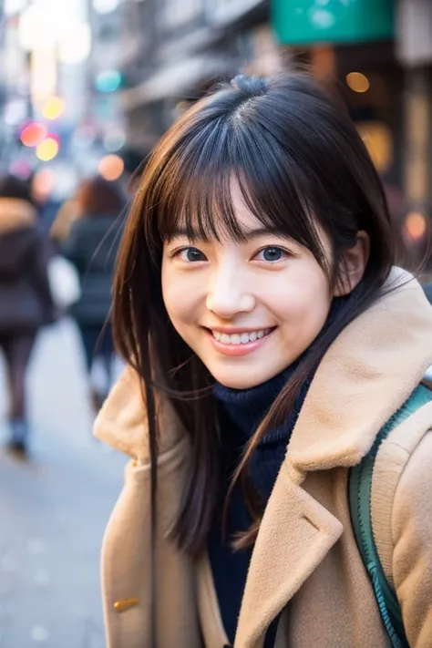 high-detail　Perfect Photo　Japan Woman Man　lightsmile　Prone to downward　Winters　cute little　Im wearing a coat　In the street