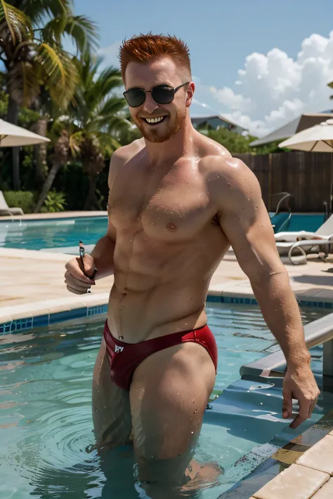 smiling sheamus with shades, in tight shiny red speedos, hands on the edge of the pool, getting out of the water.