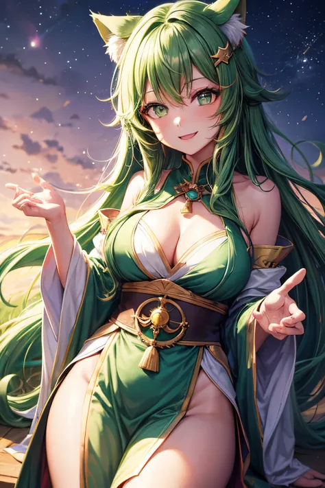 of the highest quality, High resolution, The perfect human structure, Background Focus, Front view, Shiny hair, Cat ears, Green hair, multicolored hair, shrines, Priestess costume, Smiling happily, star-shaped pupils, Wavy Hair