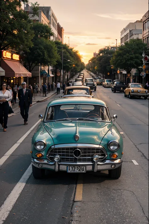 A photograph of vintage classic cars participating in a parade on the streets of Austin, Texas during a vibrant sunset, taken with a vintage film camera with a wide-angle lens.