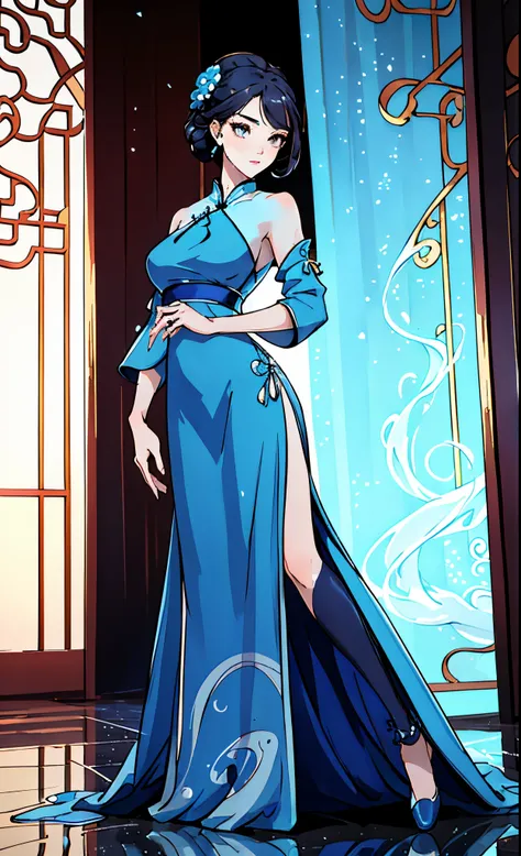 there is a woman in a blue dress standing in a room, in a blue qipao, wearing an elegant dress, wearing a long dress, long dress, in blue dress, icey blue dress, light half opened dress, wearing blue dress, opened dress, wearing a wonderful dress, wearing ...