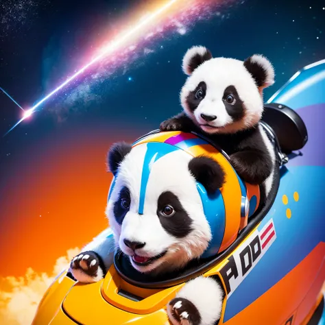 A rocket pilot panda flying through space with a colorful helmet.