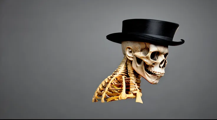 A logo of an orange skeleton in a top hat