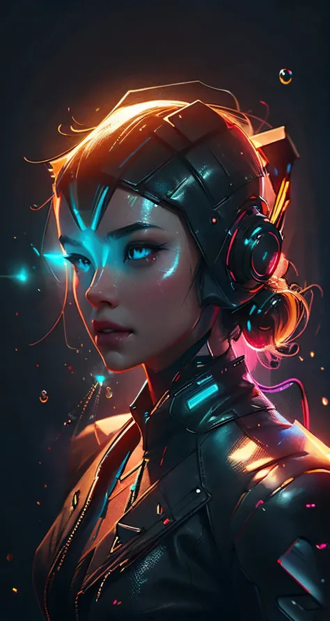 there is a woman with a glowing glass head and a glowing glass body, amazing particles pulling out of the glass head and body, like droplets of glass floating, neon cyberpunk background, 8k highly detailed digital art, intricate artwork, octane render, min...