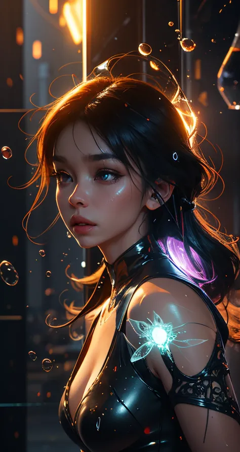 there is a woman with a glowing glass head and a glowing glass body, amazing particles pulling out of the glass head and body, like droplets of glass floating, 8k highly detailed digital art, intricate artwork, octane render, mind-bending digital art, brea...