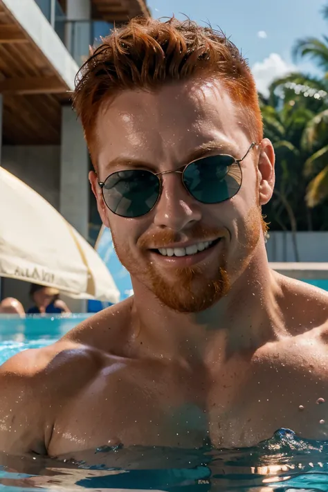 smiling sheamus with sunglasses, em sungas vermelhas brilhantes e apertadas, hands on the poolside, coming out of the water.