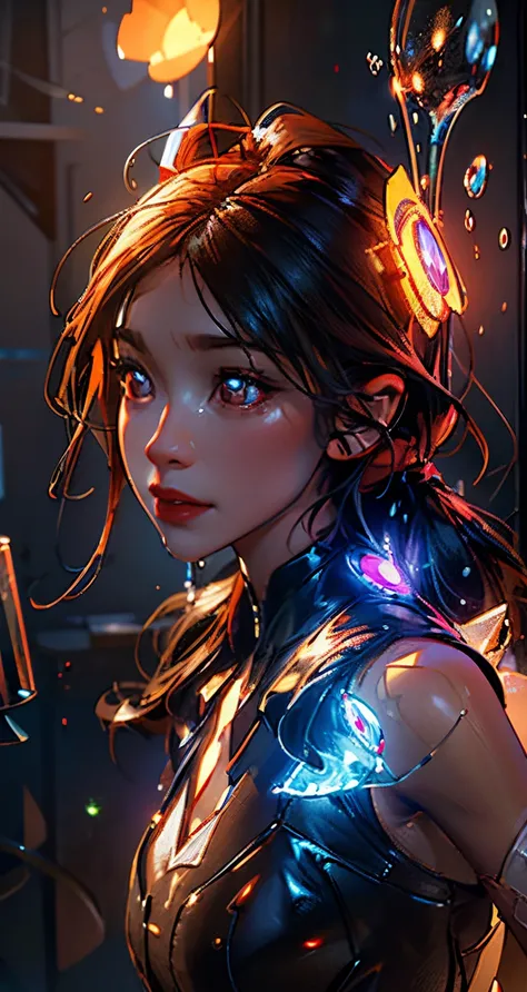 there is a woman with a glowing glass head and a glowing glass body, amazing particles pulling out of the glass head and body, like droplets of glass floating, 8k highly detailed digital art, intricate artwork, octane render, mind-bending digital art, brea...