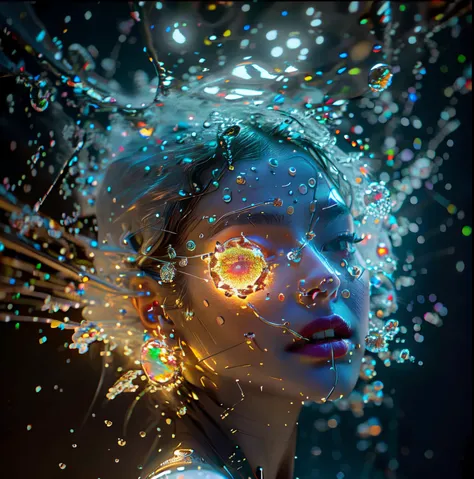 there is a woman with a glowing glass head and a glowing glass body, amazing particles pulling out of the glass head and body, like droplets of glass floating, 8k highly detailed digital art, intricate artwork, octane render, mind-bending digital art, brea...