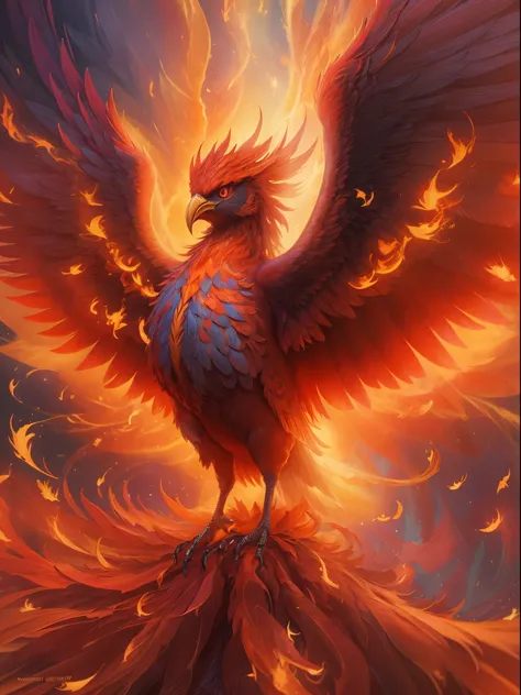 Phoenix Bird, firey, burning, Orus, triumphant in the rays of victorious light,illustartion,oil painting,[flame],[feathers],[Glowing],hight resolution,Ultra-detailed,(Photorealistic:1.37),Vivid colors,bokeh,Concept Artists,glowing red, The World of Luklin