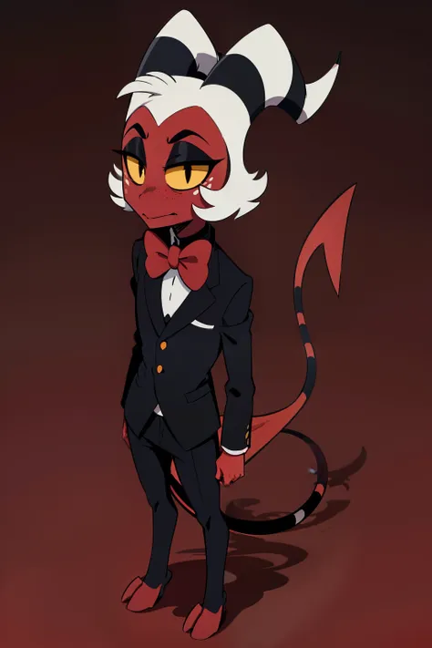 moxxie, 1boy, black suit, black pants, red bow tie, demon boy, red skin, yellow eyes, yellow sclera, white hair, demon horns, de...