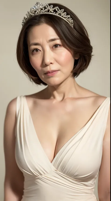 Remove Background, gravure, facing front, Wearing a tiara, from the chest up, masterpiece, Best Quality, Ultra-detailed, Photorealistic, super detailed skin, Perfect Anatomy, (1 japanese mature woman), (Solo), 95 years old, Large breasts, Mature Woman Poli...